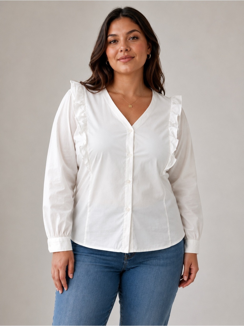 Marc NY Women’s White Ruffle V-Neck Button-Front Top Sz L